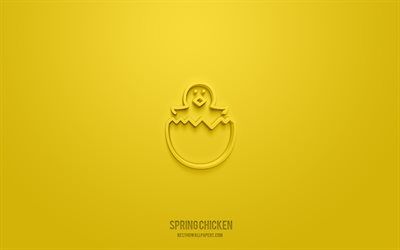 icona 3d di pollo di primavera, sfondo giallo, simboli 3d, pollo di primavera, icone di pasqua, icone 3d, segno di pollo di primavera, icone di pasqua 3d