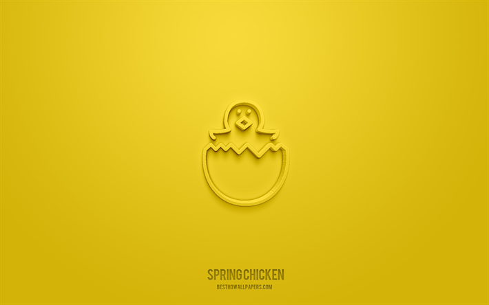 icono 3d de pollo de primavera, fondo amarillo, s&#237;mbolos 3d, pollo de primavera, iconos de pascua, iconos 3d, signo de pollo de primavera, iconos 3d de pascua