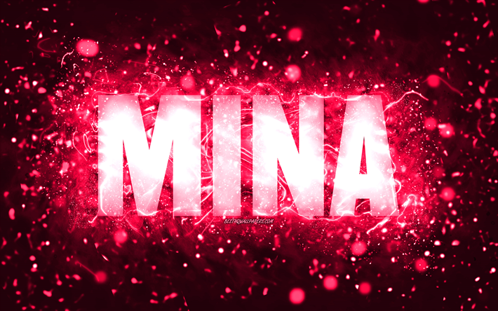 Happy Birthday Mina, 4k, pink neon lights, Mina name, creative, Mina Happy Birthday, Mina Birthday, popular american female names, picture with Mina name, Mina