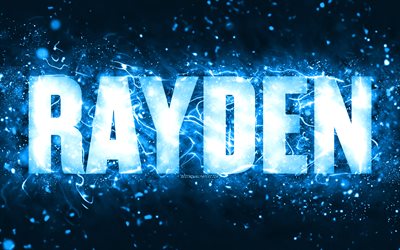 Happy Birthday Rayden, 4k, blue neon lights, Rayden name, creative, Rayden Happy Birthday, Rayden Birthday, popular american male names, picture with Rayden name, Rayden