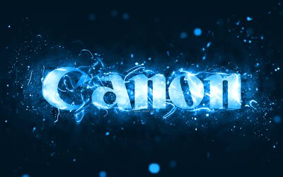 canonin sininen logo, 4k, siniset neonvalot, luova, sininen abstrakti tausta, canon-logo, tuotemerkit, canon