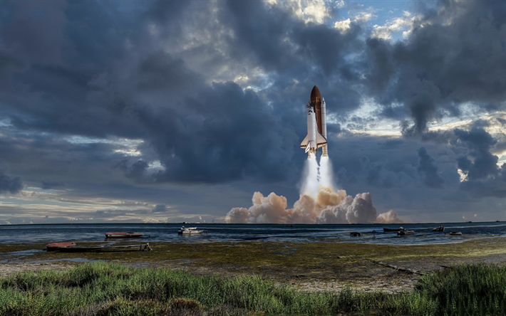 アメリカンシャトルの離陸, 海岸, ロケット離陸, アメリカンシャトル, 宇宙飛行, 米国