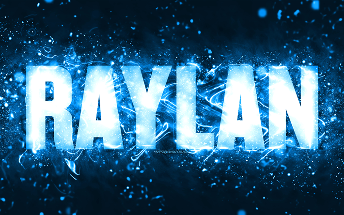 buon compleanno raylan, 4k, luci al neon blu, nome raylan, creativo, raylan buon compleanno, compleanno raylan, nomi maschili americani popolari, foto con nome raylan, raylan