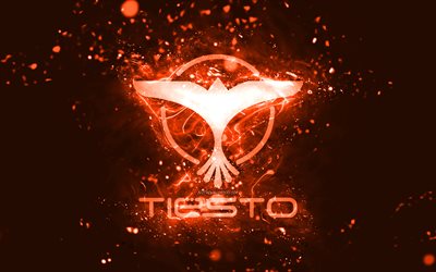 Tiesto orange logo, 4k, Dutch DJs, orange neon lights, creative, orange abstract background, DJ Tiesto logo, Tijs Michiel Verwest, Tiesto logo, music stars, DJ Tiesto