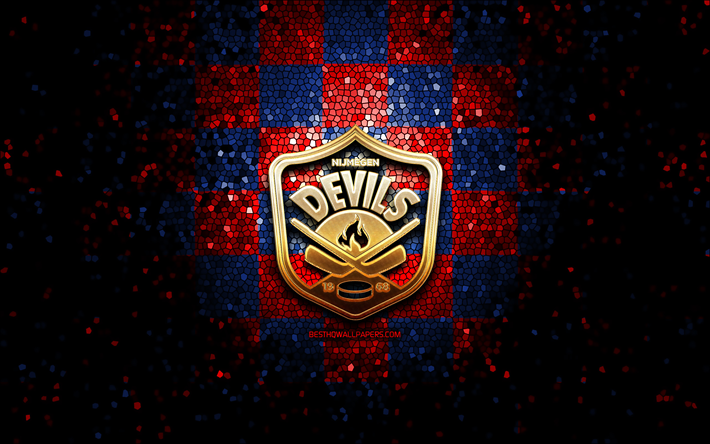 Nijmegen Devils, glitter logo, BeNe League, red blue checkered background, hockey, dutch hockey team, Nijmegen Devils logo, mosaic art
