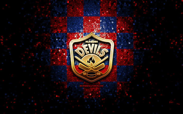 nijmegen devils, logo glitter, bene league, sfondo a scacchi rosso blu, hockey, squadra di hockey olandese, logo nijmegen devils, arte del mosaico