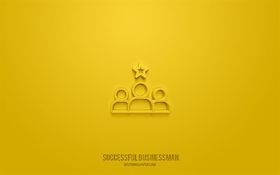 menestyv&#228; liikemies 3d-kuvake, keltainen tausta, 3d-symbolit, menestyv&#228; liikemies, yrityskuvakkeet, 3d-kuvakkeet, menestyv&#228;n liikemiehen merkki, liiketoiminnan 3d-kuvakkeet