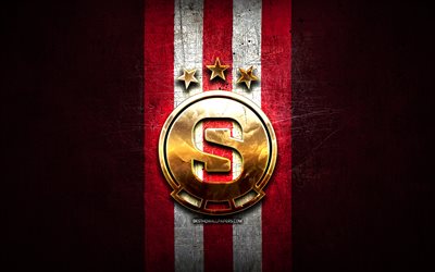 スパルタプラハfc, 金色のロゴ, チェコファーストリーグ, 赤い金属の背景, フットボール, チェコのサッカークラブ, スパルタプラハのロゴ, サッカー, acスパルタプラハ