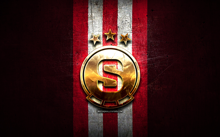 sparta praga fc, logo dorato, czech first league, sfondo metallico rosso, calcio, squadra di calcio ceca, logo sparta praga, ac sparta praga