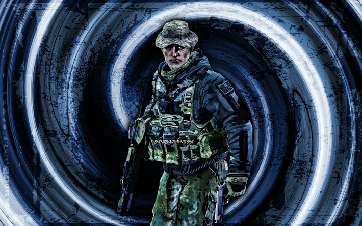 4k, Captain Price, blue grunge background, Call of Duty, soldiers, Call Of Duty characters, vortex, Call of Duty Modern Warfare, Captain Price Call Of Duty