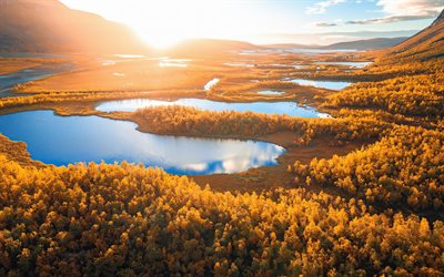 laponia, tarde, puesta de sol, valle, lagos, oto&#241;o, &#225;rboles amarillos, norrland, suecia