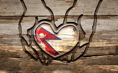 I love Nepal, 4K, wooden carving hands, Day of Nepal, Nepalese flag, Flag of Nepal, Take care Nepal, creative, Nepal flag, Nepal flag in hand, wood carving, Asian countries, Nepal