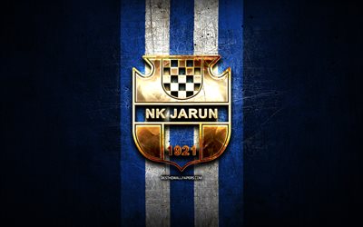 jarun zagreb fc, logotipo dourado, hnl, metal azul de fundo, futebol, croata clube de futebol, nk jarun zagreb logotipo, nk jarun zagreb