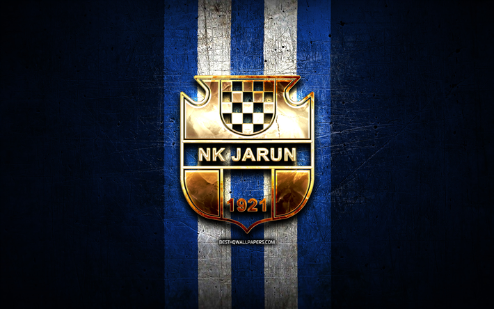 jarun zagreb fc, logo dorato, hnl, sfondo blu in metallo, calcio, squadra di calcio croata, logo nk jarun zagreb, nk jarun zagreb