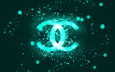 Chanel turquoise logo, 4k, turquoise neon lights, creative, turquoise abstract background, Chanel logo, fashion brands, Chanel