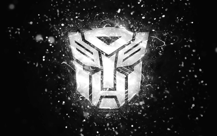 Transformers white logo, 4k, white neon lights, creative, black abstract background, Transformers logo, cinema logos, Transformers