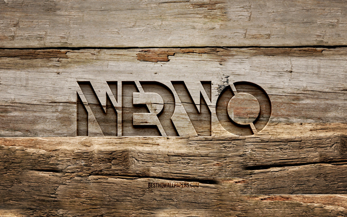ネルボ木製ロゴ, 4k, 木製の背景, 音楽スター, ネルボのロゴ, ミリアム・ネルボ, olivia nervo, クリエイティブ, 木彫り, ネルボ
