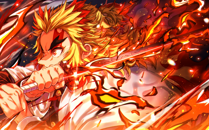 Download wallpapers Kyojuro Rengoku, battle, Demon Hunter, sword, fire ...
