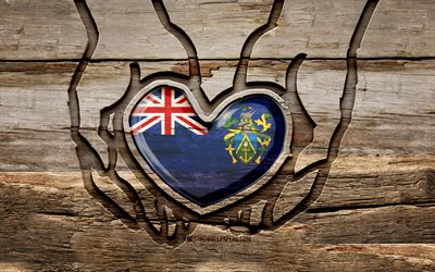 I love Pitcairn Islands, 4K, wooden carving hands, Day of Pitcairn Islands, Pitcairn Islands flag, Flag of Pitcairn Islands, Take care Pitcairn Islands, creative, Pitcairn Islands flag in hand, wood carving, Oceanian countries, Pitcairn Islands