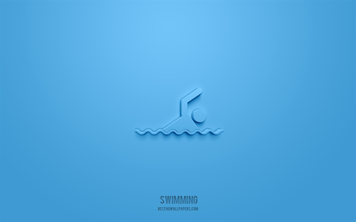 icona di nuoto 3d, sfondo blu, simboli 3d, nuoto, icone dello sport, icone 3d, segno di nuoto, icone dello sport 3d