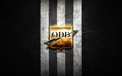 Odd FC, golden logo, Eliteserien, black metal background, football, norwegian football club, Odds BK logo, soccer, Odds BK