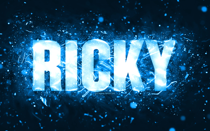 joyeux anniversaire ricky, 4k, des n&#233;ons bleus, ricky nom, cr&#233;atif, ricky joyeux anniversaire, ricky anniversaire, les noms masculins am&#233;ricains populaires, photo avec le nom de ricky, ricky