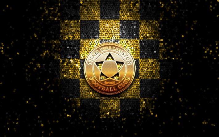 team wellington fc, logo scintillant, championnat de football de nouvelle-z&#233;lande, fond quadrill&#233; noir jaune, football, club de football n&#233;o-z&#233;landais, logo team wellington, art de la mosa&#239;que, team wellington