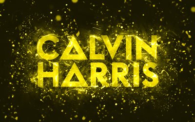 カルヴィン・ハリスの黄色いロゴ, 4k, スコットランドのdj, 黄色のネオンライト, クリエイティブ, 黄色の抽象的な背景, アダムリチャードワイルズ, カルヴィン・ハリスのロゴ, 音楽スター, カルヴィン・ハリス