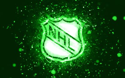 nhl vihreä logo, 4k, vihreät neon valot, national hockey league, vihreä abstrakti tausta, nhl-logo, automerkit, nhl