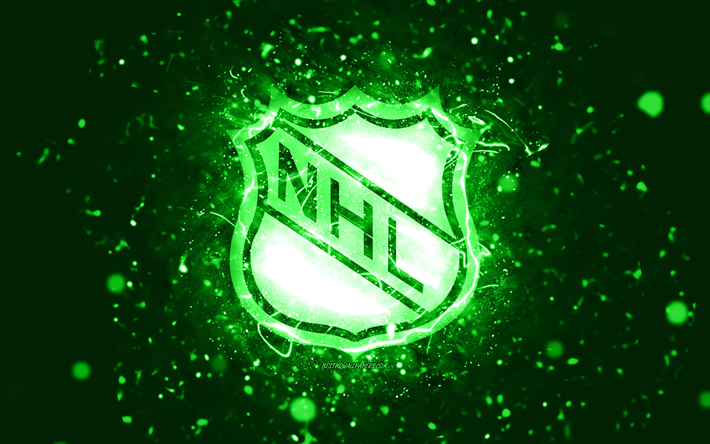 nhl vihre&#228; logo, 4k, vihre&#228;t neon valot, national hockey league, vihre&#228; abstrakti tausta, nhl-logo, automerkit, nhl