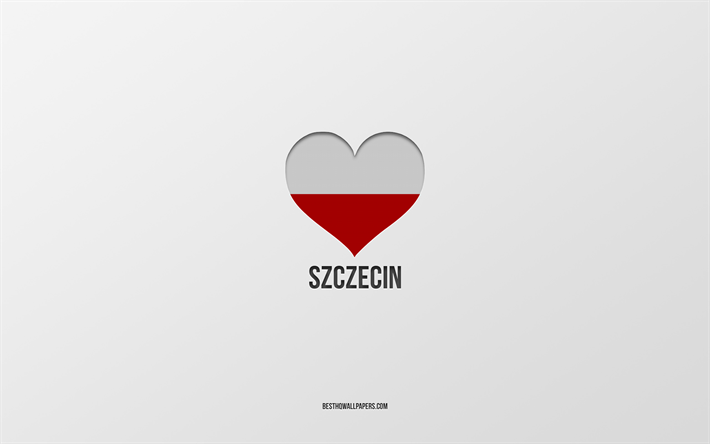 j aime szczecin, villes polonaises, jour de szczecin, fond gris, szczecin, pologne, coeur de drapeau polonais, villes pr&#233;f&#233;r&#233;es, love szczecin