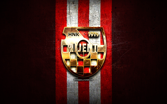 Orijent 1919 FC, golden logo, HNL, red metal background, football, croatian football club, HNK Orijent 1919 logo, soccer, HNK Orijent 1919