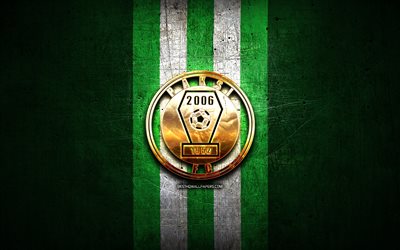 Paksi FC, golden logo, OTP Bank Liga, green metal background, football, hungarian football club, Paksi FC logo, Hungary, FC Paksi