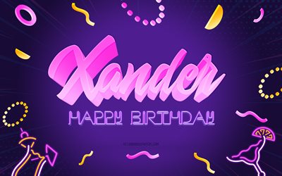 Happy Birthday Xander, 4k, Purple Party Background, Xander, creative art, Happy Xander birthday, Xander name, Xander Birthday, Birthday Party Background