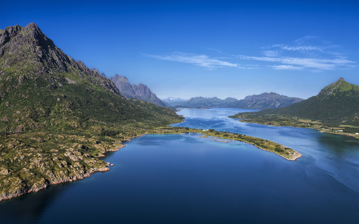 lofoten, archipel, mer de norv&#232;ge, c&#244;te, panorama des lofoten, vue a&#233;rienne des lofoten, printemps, paysage de montagne, norv&#232;ge