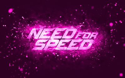 need for speed ​​logo viola, 4k, nfs, luci al neon viola, creativo, sfondo astratto viola, logo need for speed, logo nfs, need for speed