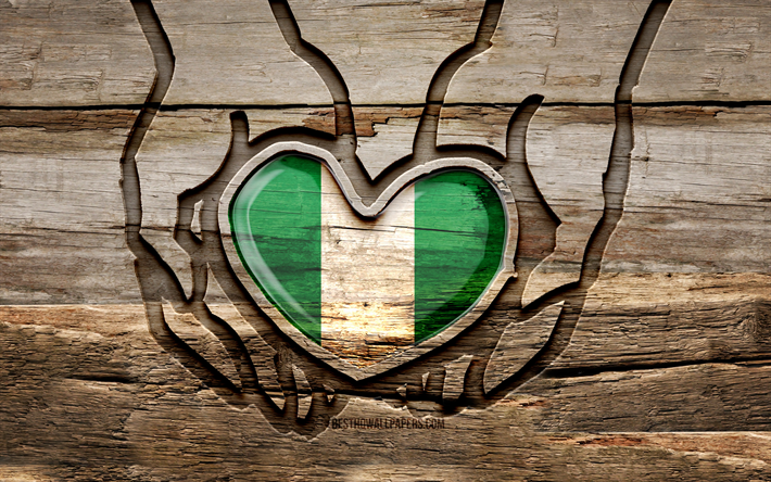 amo nigeria, 4k, manos talladas en madera, d&#237;a de nigeria, bandera nigeriana, bandera de nigeria, cuida a nigeria, creativo, bandera de nigeria en la mano, talla de madera, pa&#237;ses africanos, nigeria