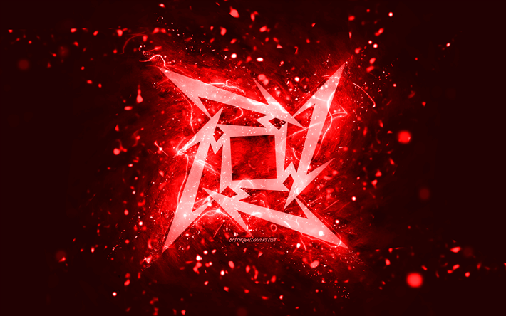 logo rouge metallica, 4k, n&#233;ons rouges, cr&#233;atif, fond abstrait rouge, logo metallica, stars de la musique, metallica