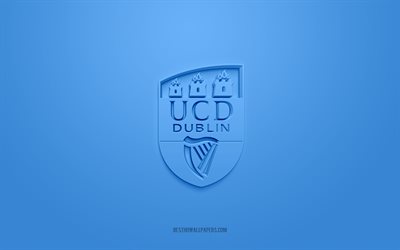 uc dublin fc, yaratıcı 3d logo, mavi arka plan, irlanda futbol takımı, irlanda premier ligi ligi, dublin, irlanda, 3d sanat, futbol, ​​uc dublin fc 3d logo