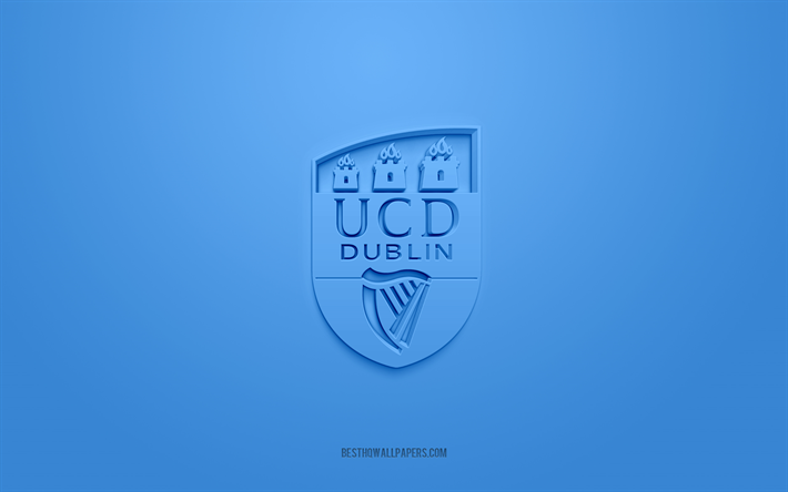 uc dublin fc, luova 3d-logo, sininen tausta, irlannin jalkapallojoukkue, league of ireland premier division, dublin, irlanti, 3d-taide, jalkapallo, uc dublin fc 3d-logo