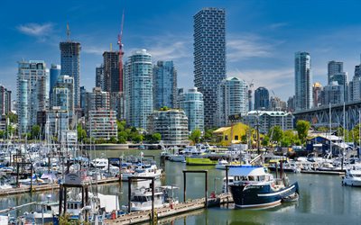 vancouver, skyskrapor, moderna byggnader, bukt, yachter, segelbåtar, vancouver stadsbild, kanada