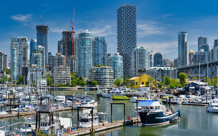 vancouver, grattacieli, edifici moderni, baia, yacht, barche a vela, paesaggio urbano di vancouver, canada