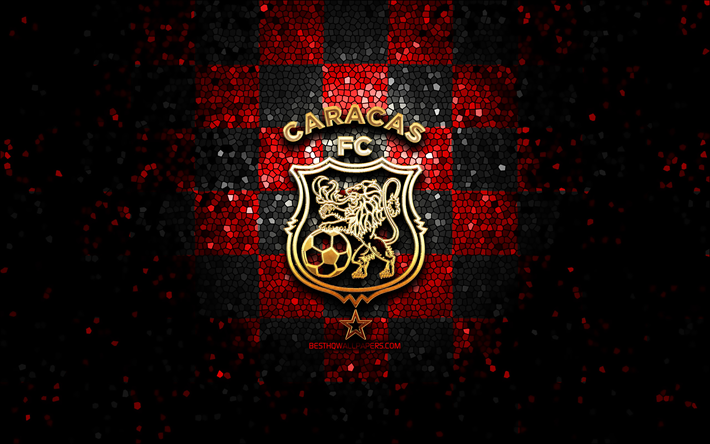 caracas fc, glitter logotipo, la liga futve, vermelho preto fundo quadriculado, futebol, venezuelano clube de futebol, caracas fc logotipo, arte em mosaico, venezuelana primeira divis&#227;o, fc caracas