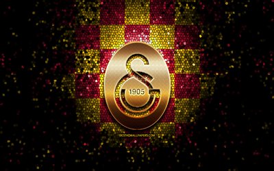 Galatasaray SK, glitter logo, Basketbol Super Ligi, purple yellow checkered background, basketball, turkish basketball team, Galatasaray SK logo, mosaic art, Turkey, Galatasaray Odeabank