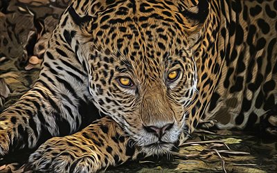 jaguaari, 4k, vektorikuva, jaguaaripiirustus, luova taide, jaguaaritaide, vektoripiirustus, abstraktit eläimet, rauhallinen, villieläimet, rauhallinen jaguaari