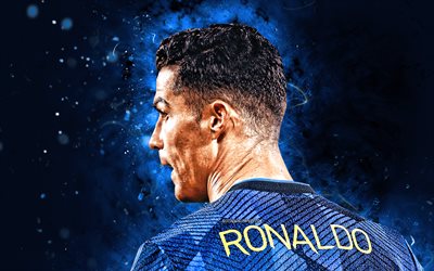Cristiano Ronaldo, 4k, back view, Manchester United FC, blue uniform, football stars, CR7, Manchester United, Cristiano Ronaldo 4K, blue neon lights, Cristiano Ronaldo Manchester United, CR7 Man United