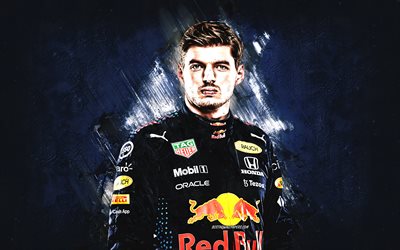 Max Verstappen, Formula 1, Red Bull Racing, F1, portrait, Dutch racing driver, Verstappen Red Bull Racing, blue stone background, grunge art, 2022, Red Bull