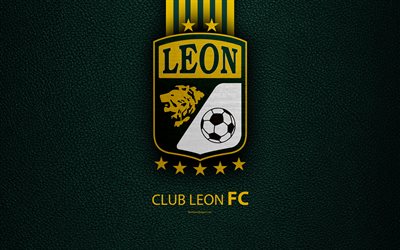 Club Leon FC, 4k, leather texture, logo, Mexican football club, yellow green lines, Liga MX, Primera Division, Leon de los Aldama, Mexico, football
