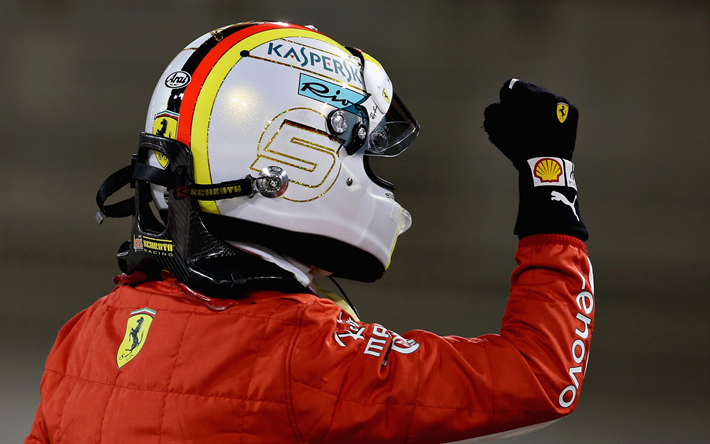 Sebastian Vettel, 4k, helmet, Saksalainen kilpa-ajaja, Formula 1, racing, Scuderia Ferrari