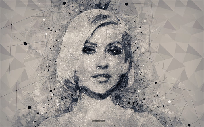 Christina Aguilera, 4k, yaratıcı sanat portre, y&#252;z, Amerikalı şarkıcı, geometrik şekiller, sanat, &#231;izgi